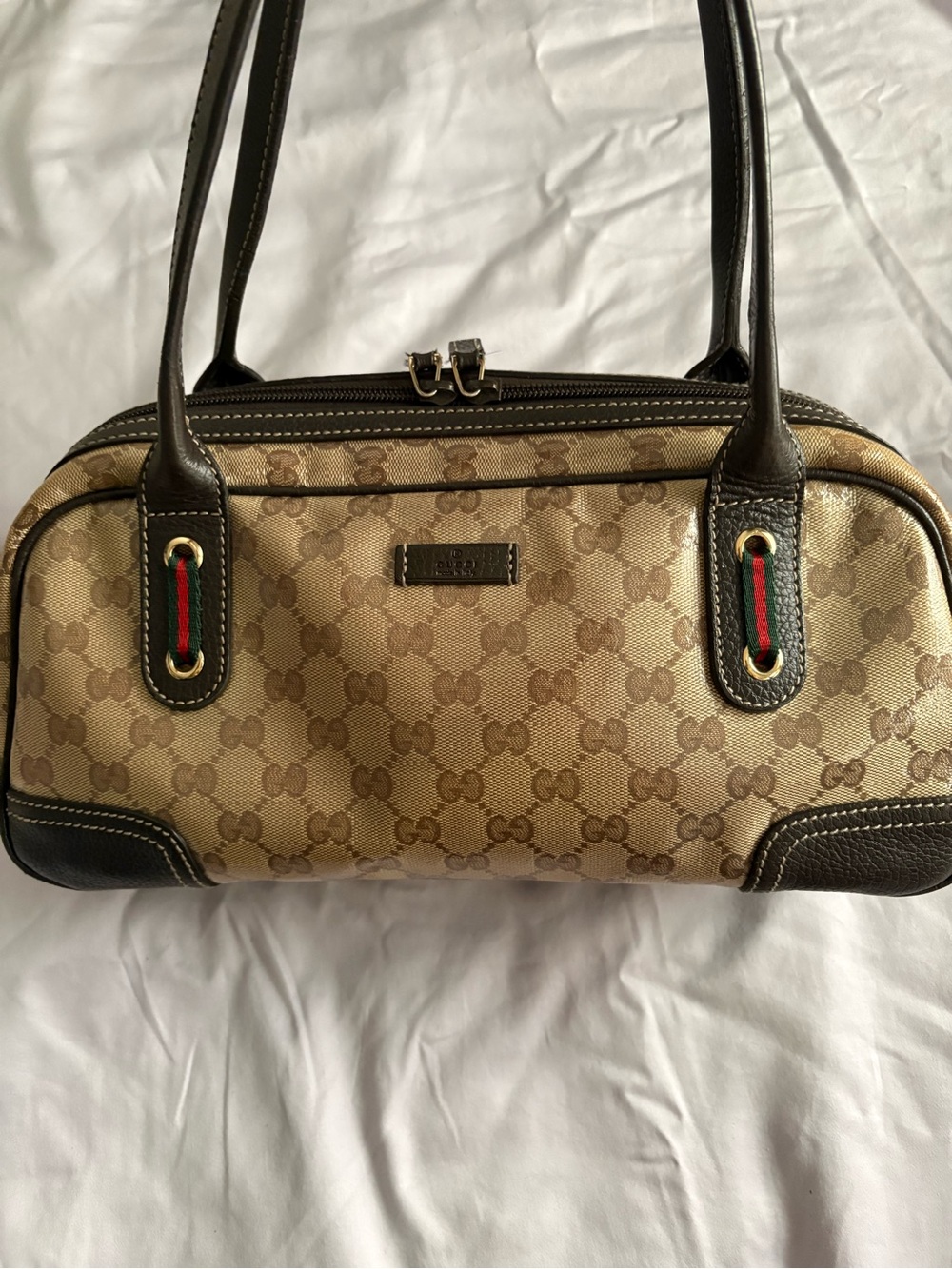 Gucci Crystal Princey Beige GG Canvas and Brown Leather Top-Handle Bag